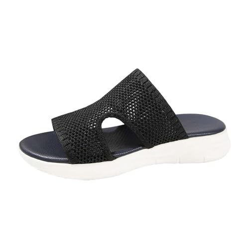 Generisch Schlappen Mit Plateau Damen Schwarz Mesh Hausschuhe Peeptoe Sandaletten Slip-On Pantoletten Mit Weichen Sohlen Rutschfest Slippers Flach Sommersandalen Leicht Strandsandalen Gr.36-43 von Generisch