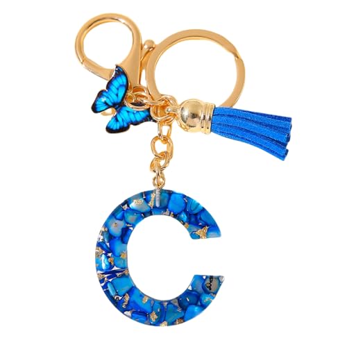 Generisch Schlüsselanhänger Buchstabe Schlüsselanhänger Blau Anfangsbuchstaben, Quasten Schmetterling Charms Keychain Origineller Alphabet Schlüsselanhänger (C) von Generisch