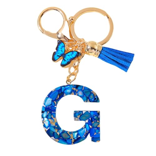 Generisch Schlüsselanhänger Buchstabe Schlüsselanhänger Blau Anfangsbuchstaben, Quasten Schmetterling Charms Keychain Origineller Alphabet Schlüsselanhänger (G) von Generisch
