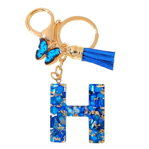 Generisch Schlüsselanhänger Buchstabe Schlüsselanhänger Blau Anfangsbuchstaben, Quasten Schmetterling Charms Keychain Origineller Alphabet Schlüsselanhänger (H) von Generisch