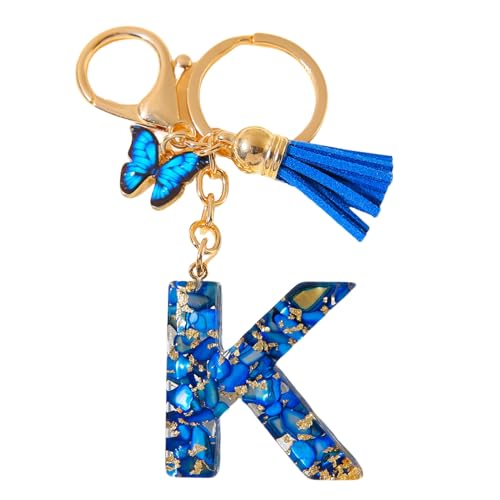 Generisch Schlüsselanhänger Buchstabe Schlüsselanhänger Blau Anfangsbuchstaben, Quasten Schmetterling Charms Keychain Origineller Alphabet Schlüsselanhänger (K) von Generisch