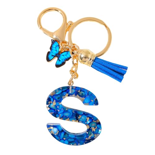 Generisch Schlüsselanhänger Buchstabe Schlüsselanhänger Blau Anfangsbuchstaben, Quasten Schmetterling Charms Keychain Origineller Alphabet Schlüsselanhänger (S) von Generisch