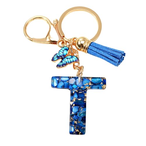 Generisch Schlüsselanhänger Buchstabe Schlüsselanhänger Blau Anfangsbuchstaben, Quasten Schmetterling Charms Keychain Origineller Alphabet Schlüsselanhänger (T) von Generisch
