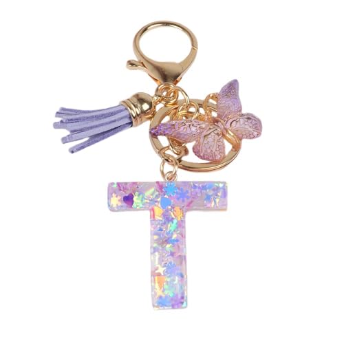 Generisch Schlüsselanhänger mit Buchstabe Mädche Schlüsselanhänger Anfangsbuchstaben Frauen Schlüsselanhänger Schmetterling Keychain Lila Pailletten Alphabet Schlüsselanhänger (T) von Generisch