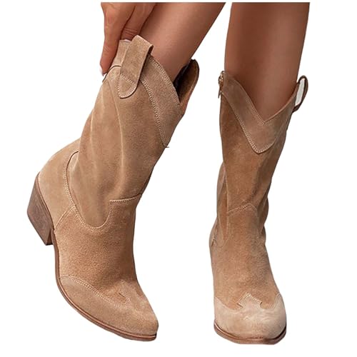 Generisch Schlupfstiefel Damen Winter - Cowboy Stiefeletten Damen Wildleder Westernstiefel Mit Blockabsatz Halbschaft Reitstiefel Spitz Chelsea Boots rutschfeste Winterstiefel Halbstiefel Für Party von Generisch