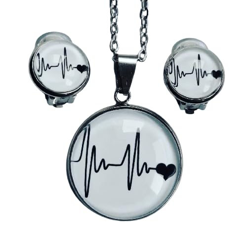 Generisch Schmuckset Herzlinie EKG schwarz weiß Ohrstecker und Halskette mit Anhänger (mit Ohrclips) von Generisch