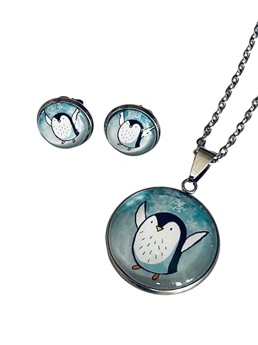 Schmuckset Pinguin gezeichnet Comic Kinder weiß blau Ohrstecker ODER Ohrclips und Halskette mit Anhänger (mit Ohrclips) von Generisch