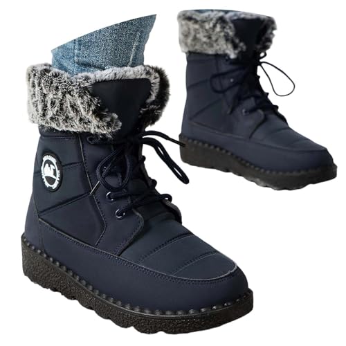 Generisch Schneestiefel Damen Gefütterte Schlupfstiefel Rund Zehen Winterschuhe Flache Absätze Schnürung Winterstiefel Warm Plüsch Winter Mittlere Schafthöhe Damenstiefel Für Haus Straße von Generisch