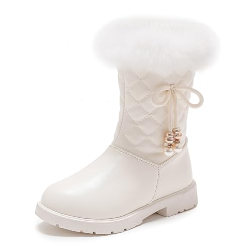 Generisch Schneestiefel für Mädchen im Herbst und Winter mit Plateausohle, rutschfest, warm, bequem, einfarbig, mit Schleife und seitlichem Reißverschluss Gummistiefel 31 Jungen (White, 33 Big Kids) von Generisch