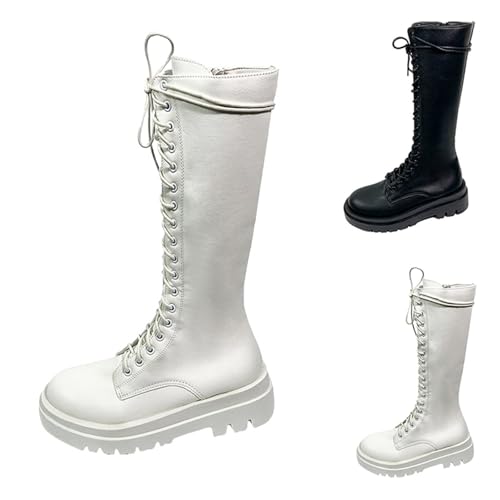 Generisch Schnürstiefel Damen Halbstiefel Herbst High-Top Dicker Sohle Schnürstiefel Einfarbig Runde Zehen Trendy Overkniestiefel Outdoor Oversized Casual Damenstiefel Mit Schnürsenkel,34-41 Eu von Generisch