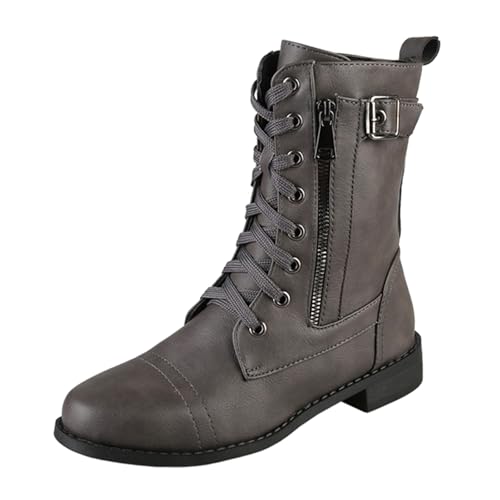 Generisch Schnürstiefel Damen Leder Schnuer-Stiefelette Damenstiefel mit klobigem Absatz Schnüren Reißverschluss Halbstiefel Reitstiefel Retro Stilvolle Cowboystiefel Cowboy Westernstiefel 2025 von Generisch