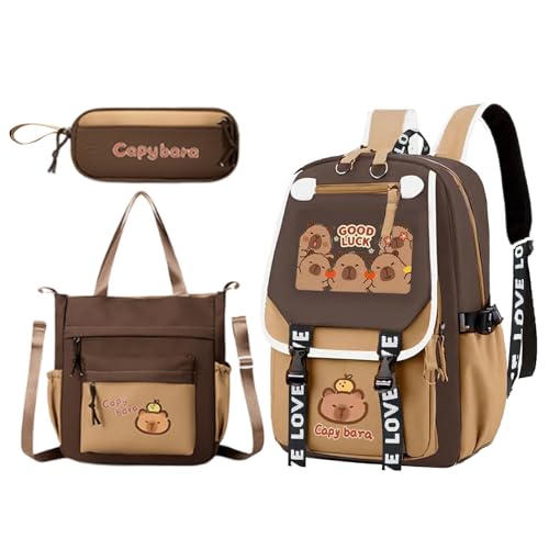 Generisch School Backpack Capybara Style, Lightweight Student Bookbag, 3-Piece Set with Messenger Bag and Pencil Case for Girls Boys Teens Elementary Junior High School Use von Generisch