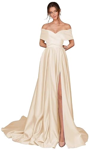 Generisch Schulterfreies Ballkleid FüR Damen Lang Satin Brautjungfernkleid Hoher Schlitz Formelles Party-Abendkleid Mit Taschen Champagne 4XL von Generisch