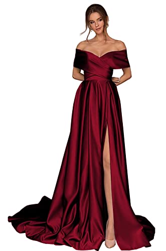 Generisch Schulterfreies Ballkleid FüR Damen Lang Satin Brautjungfernkleid Hoher Schlitz Formelles Party-Abendkleid Mit Taschen Maroon XXS von Generisch