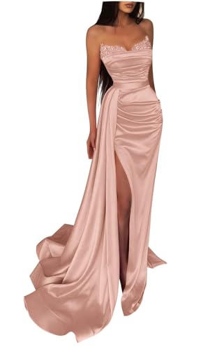 Generisch Schulterfreies Pailletten-Ballkleid Langes Mit Satin-Perlen Verziertes Meerjungfrau-Abendkleid FüR Damen Formelles Partykleid Mit Schlitz Blush XXS von Generisch
