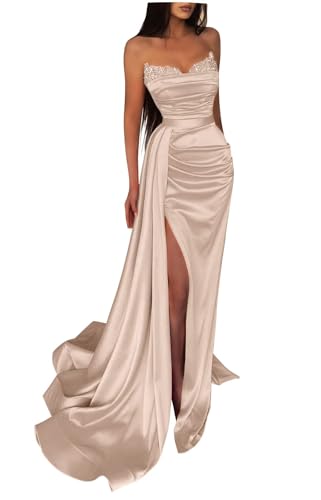 Generisch Schulterfreies Pailletten-Ballkleid Langes Mit Satin-Perlen Verziertes Meerjungfrau-Abendkleid FüR Damen Formelles Partykleid Mit Schlitz Champagne 8XL von Generisch