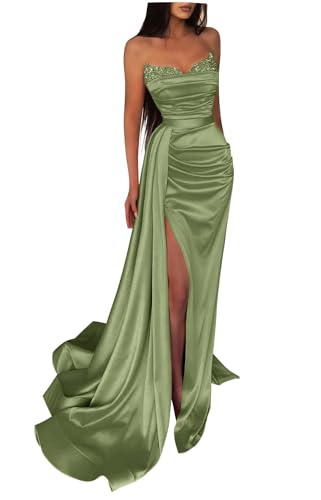 Generisch Schulterfreies Pailletten-Ballkleid Langes Mit Satin-Perlen Verziertes Meerjungfrau-Abendkleid FüR Damen Formelles Partykleid Mit Schlitz Dusty Sage XXL von Generisch