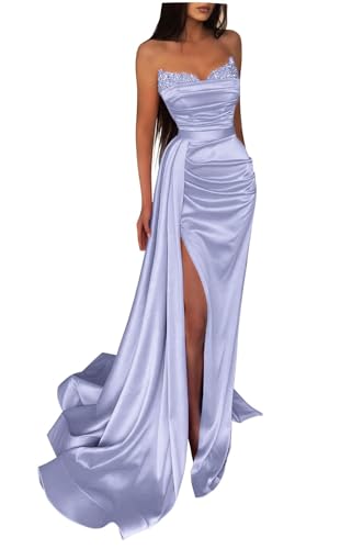Generisch Schulterfreies Pailletten-Ballkleid Langes Mit Satin-Perlen Verziertes Meerjungfrau-Abendkleid FüR Damen Formelles Partykleid Mit Schlitz Lavender XL von Generisch