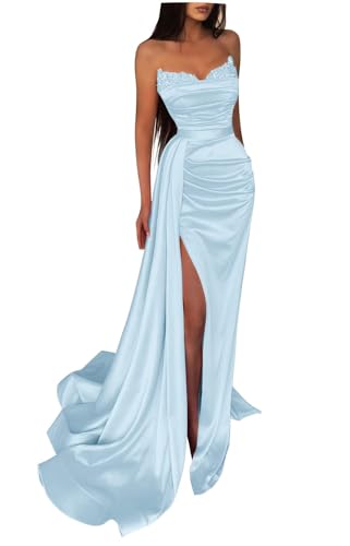 Generisch Schulterfreies Pailletten-Ballkleid Langes Mit Satin-Perlen Verziertes Meerjungfrau-Abendkleid FüR Damen Formelles Partykleid Mit Schlitz Light Blue XL von Generisch