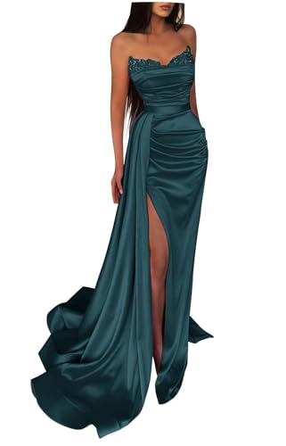 Generisch Schulterfreies Pailletten-Ballkleid Langes Mit Satin-Perlen Verziertes Meerjungfrau-Abendkleid FüR Damen Formelles Partykleid Mit Schlitz Teal XL von Generisch