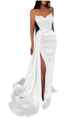 Generisch Schulterfreies Pailletten-Ballkleid Langes Mit Satin-Perlen Verziertes Meerjungfrau-Abendkleid FüR Damen Formelles Partykleid Mit Schlitz White M von Generisch