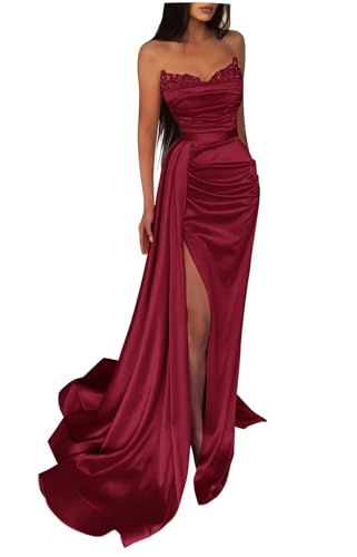 Generisch Schulterfreies Pailletten-Ballkleid Langes Mit Satin-Perlen Verziertes Meerjungfrau-Abendkleid FüR Damen Formelles Partykleid Mit Schlitz Wine Red XXS von Generisch