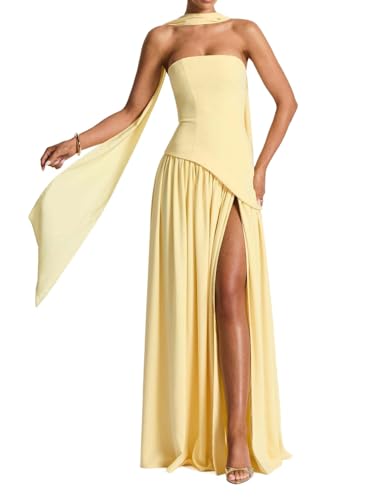 Generisch Schulterfreies trägerloses Abendkleid rückenfreies langes Colourblock Kleid mit hohem Schlitz für Damen von Generisch