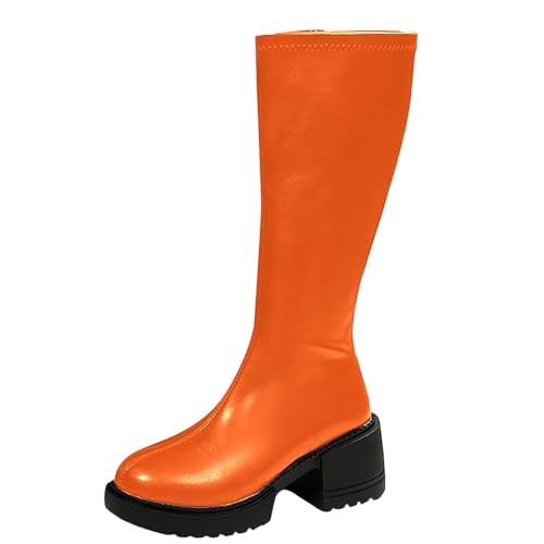 Generisch Schwarze 39 Kniehohe Stiefel für Damen im und Winter mit klobigem Absatz und mittelhohem Schaft Schuhe Winter Damen (Orange, 40) von Generisch