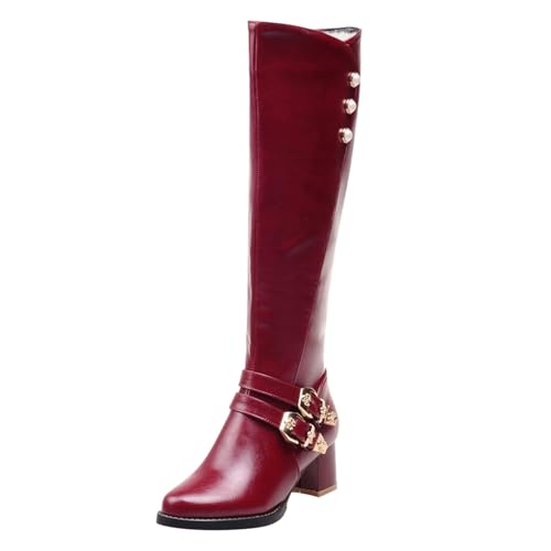 Generisch Schwarze Damen Schuhe Absatz Damenstiefel mit Gürtelschnalle und Außenhandelsstiefeln, große Größe, hohe und Winterstiefel für Damen, mit Fleecefutter Mit Absatz Damen Rot (Wine, 40) von Generisch