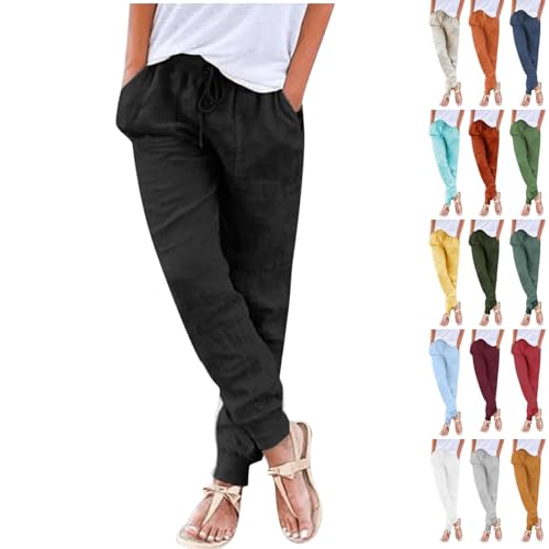 Generisch Schwarze Hose Damen Sommer Casual Baumwolle Leinen Stoffhose Einfarbig Freizeithose Stretch Leicht Leinenhose Straight Leg Hose und Taschen Palazzo Hose Leinen-Schlupfhose Haremshose von Generisch