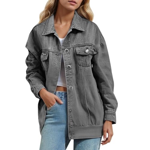 Generisch Schwarze Jeansjacke Damen, Jeansjacke Damen Kurze Jacke Denim Jean Mantel Outwear Frühlingsjacke Mit Knöpfen Sommerjacke Distressed Authentics Jean-Jacket Oversized Leichte üBergangsjacke von Generisch