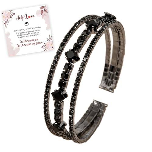 Generisch Schwarzes Diamantarmband, Armreif mit schwarzem Strass, funkelndes, offenes Armband mit Selbstliebe, stilvolles Armreif mit Strassdekor, Hochzeitsschmuck für Frauen von Generisch