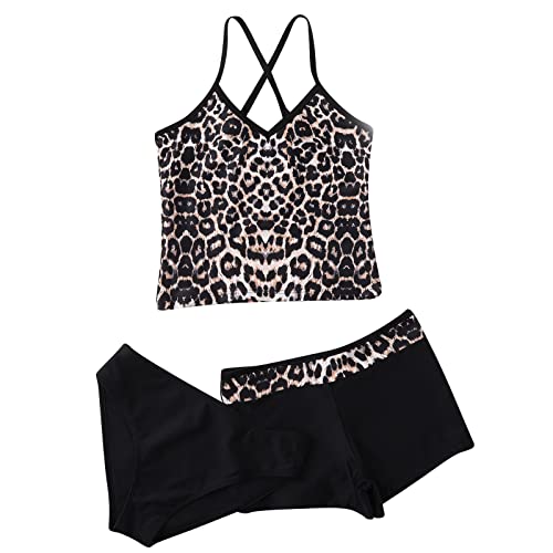 Generisch Schwimmrock Kinder Kind Mädchen 3 Stück Badeanzüge Badeanzug Leopardenmuster Oberteile Unterhose Shorts Hose Bikini Set Bikini Teenager Mädchen (Black, 6-8 Years) von Generisch