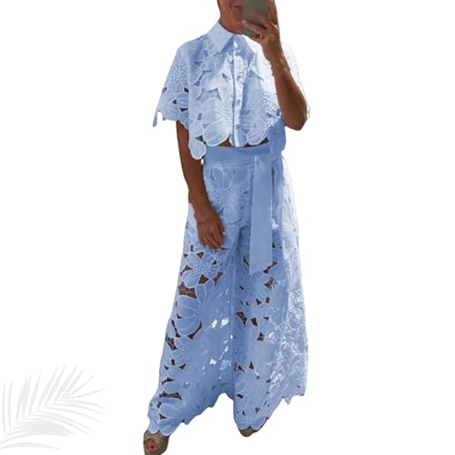 Generisch Sexy Damen-Zweiteiler mit Spitzenknöpfen, Blumenmuster, Blusen, Tops und weiten Hosen, Spitzen-Outfits für Damen, 2-teilig (Blau,3XL) von Generisch