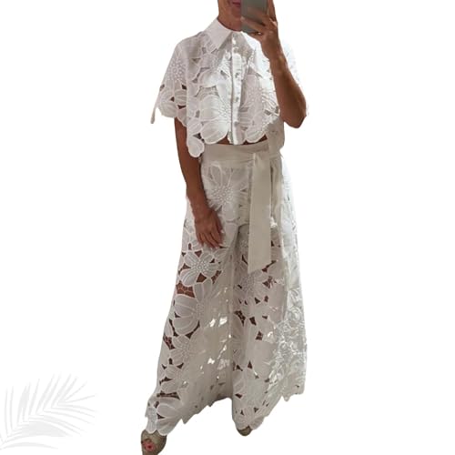 Generisch Sexy Damen-Zweiteiler mit Spitzenknöpfen, Blumenmuster, Blusen, Tops und weiten Hosen, Spitzen-Outfits für Damen, 2-teilig (Weiß,XL) von Generisch