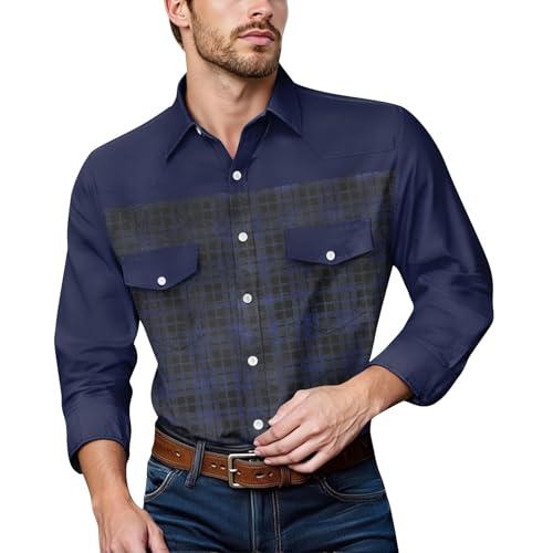 Generisch Shirt Herren, Hemd Langarm Karriert Regular Fit Freizeithemd Karohemden Button Down Shirts Mit Tasche Bügelfreie Hemden Western Outfit Herren Flanellhemd Rot (L, Dark Blue) von Generisch