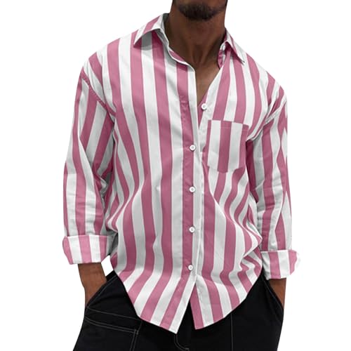 Generisch Shirt Langarm Herren, Hemd Regular Fit Gestreifte Business Oberhemd Button Down Herren Hemden Rockabilly Outfit (3XL, Rosa) von Generisch