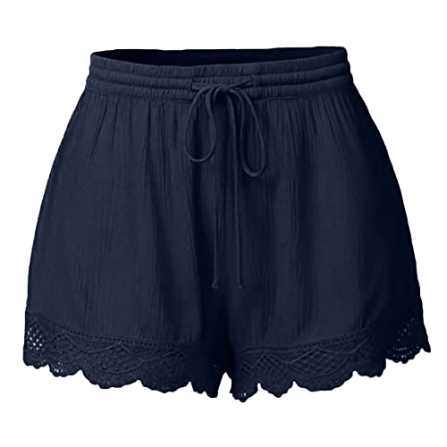 Shorts Damen Sommer Lässige Kurze Hose High Waist Kordelzug Elastische Taille Baggy Shorts Spitzenrand Baumwolle Kurze Hosen Bequeme Freizeit Strand Stoffhose Dunkelblau M von Generisch