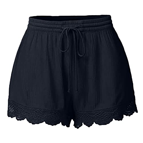 Shorts Damen Sommer Lässige Kurze Hose High Waist Kordelzug Elastische Taille Baggy Shorts Spitzenrand Baumwolle Kurze Hosen Bequeme Freizeit Strand Stoffhose Marine L von Generisch