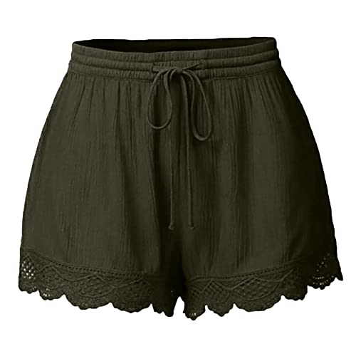 Shorts Damen Sommer Lässige Kurze Hose High Waist Kordelzug Elastische Taille Baggy Shorts Spitzenrand Baumwolle Kurze Hosen Bequeme Freizeit Strand Stoffhose Armeegrün 3XL von Generisch