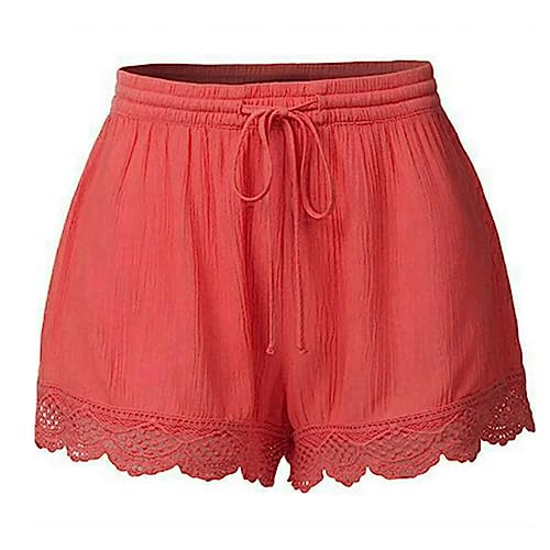 Shorts Damen Sommer Lässige Kurze Hose High Waist Kordelzug Elastische Taille Baggy Shorts Spitzenrand Baumwolle Kurze Hosen Bequeme Freizeit Strand Stoffhose Rosa M von Generisch