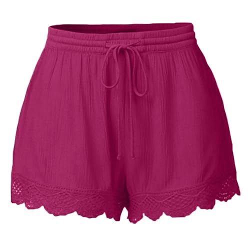 Shorts Damen Sommer Lässige Kurze Hose High Waist Kordelzug Elastische Taille Baggy Shorts Spitzenrand Baumwolle Kurze Hosen Bequeme Freizeit Strand Stoffhose Heißes Rosa XXL von Generisch