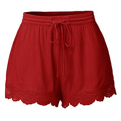 Shorts Damen Sommer Lässige Kurze Hose High Waist Kordelzug Elastische Taille Baggy Shorts Spitzenrand Baumwolle Kurze Hosen Bequeme Freizeit Strand Stoffhose Rot M von Generisch