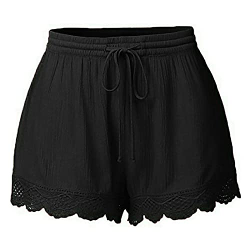 Shorts Damen Sommer Lässige Kurze Hose High Waist Kordelzug Elastische Taille Baggy Shorts Spitzenrand Baumwolle Kurze Hosen Bequeme Freizeit Strand Stoffhose Schwarz XL von Generisch