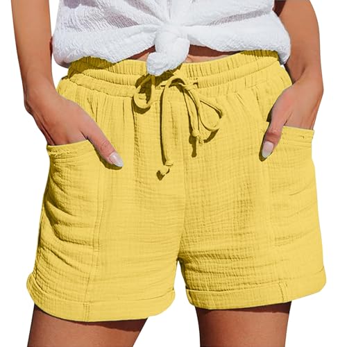 Generisch Shorts Damen Sommer Leinen Kurze Hose Mit Taschen Mode Lässige Stoffhose Elastische Sportshorts Damenhose Sommershorts Damen Leicht Bermuda Short von Generisch