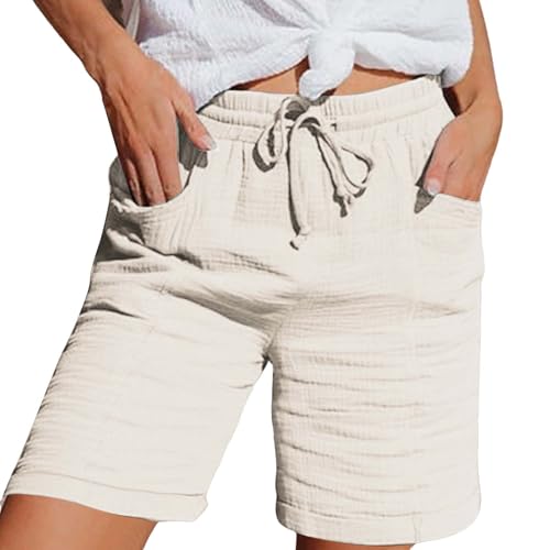 Generisch Shorts Damen Sommer Leinen Musselin Kurze Hose mit Taschen Sport Laufhose Kordelzug Stretch Stoffhose Freizeit Sportshorts von Generisch