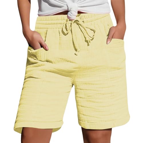 Generisch Shorts Damen Sommer Leinen Musselin Kurze Hose mit Taschen Sport Laufhose Kordelzug Stretch Stoffhose Freizeit Sportshorts von Generisch