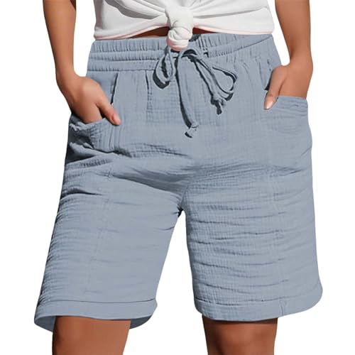 Generisch Shorts Damen Sommer Leinen Musselin Kurze Hose mit Taschen Sport Laufhose Kordelzug Stretch Stoffhose Freizeit Sportshorts von Generisch
