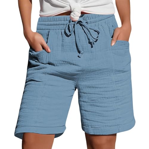 Generisch Shorts Damen Sommer Leinen Musselin Kurze Hose mit Taschen Sport Laufhose Kordelzug Stretch Stoffhose Freizeit Sportshorts von Generisch