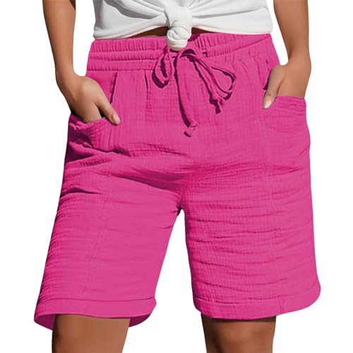 Generisch Shorts Damen Sommer Leinen Musselin Kurze Hose mit Taschen Sport Laufhose Kordelzug Stretch Stoffhose Freizeit Sportshorts von Generisch